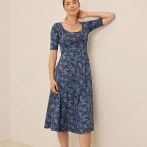 Pact Womens Fit Flare Signature Scoop Midi Dress Midnight Garden Floral Blue S